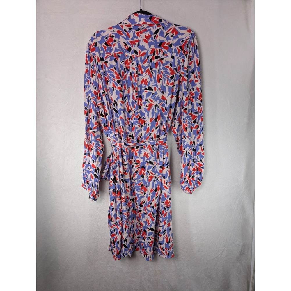 Well Worn Shirt Dress XL Blue Red Abstract Leaf Print Tie Waist Office Bohemian - Picture 9 of 10